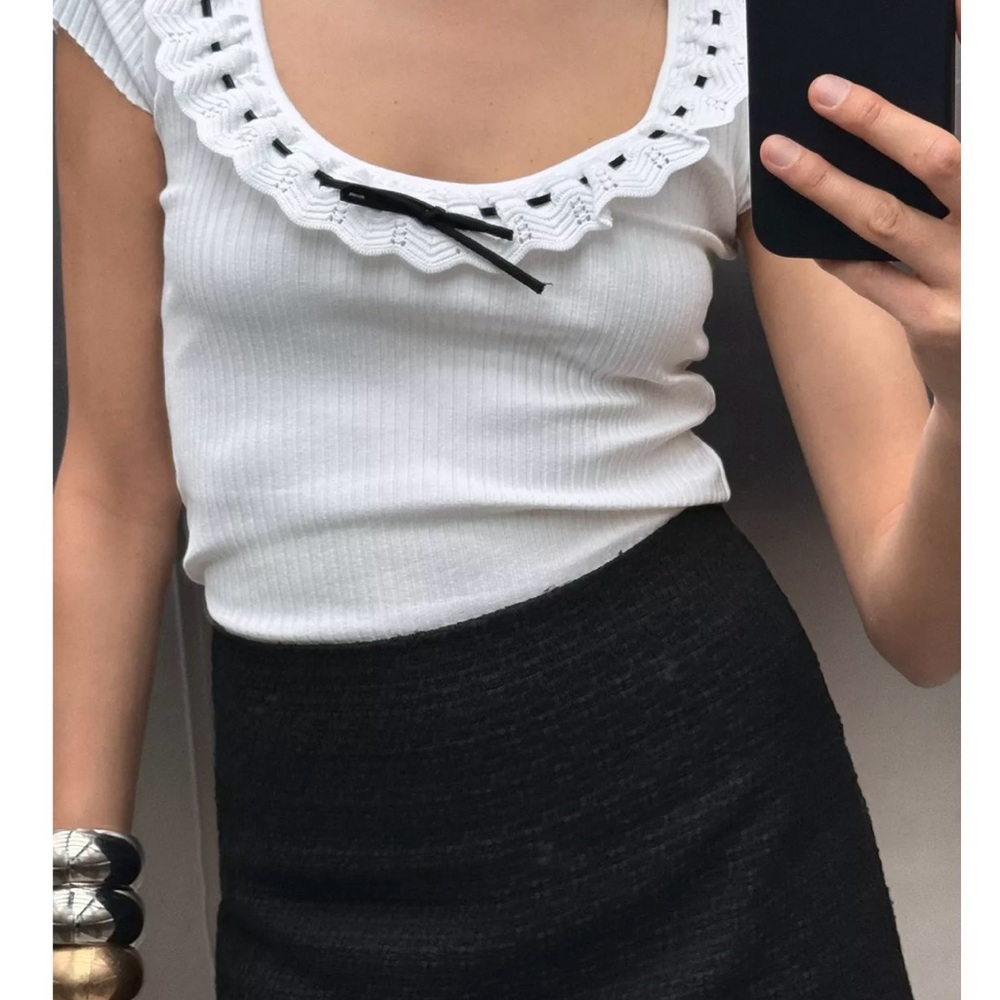 Zara White Ribbed Top with Black Accents